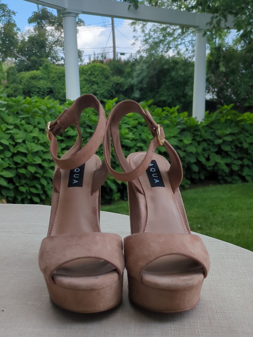 Aqua Nude Suede Platform Heels with Ankle Strap